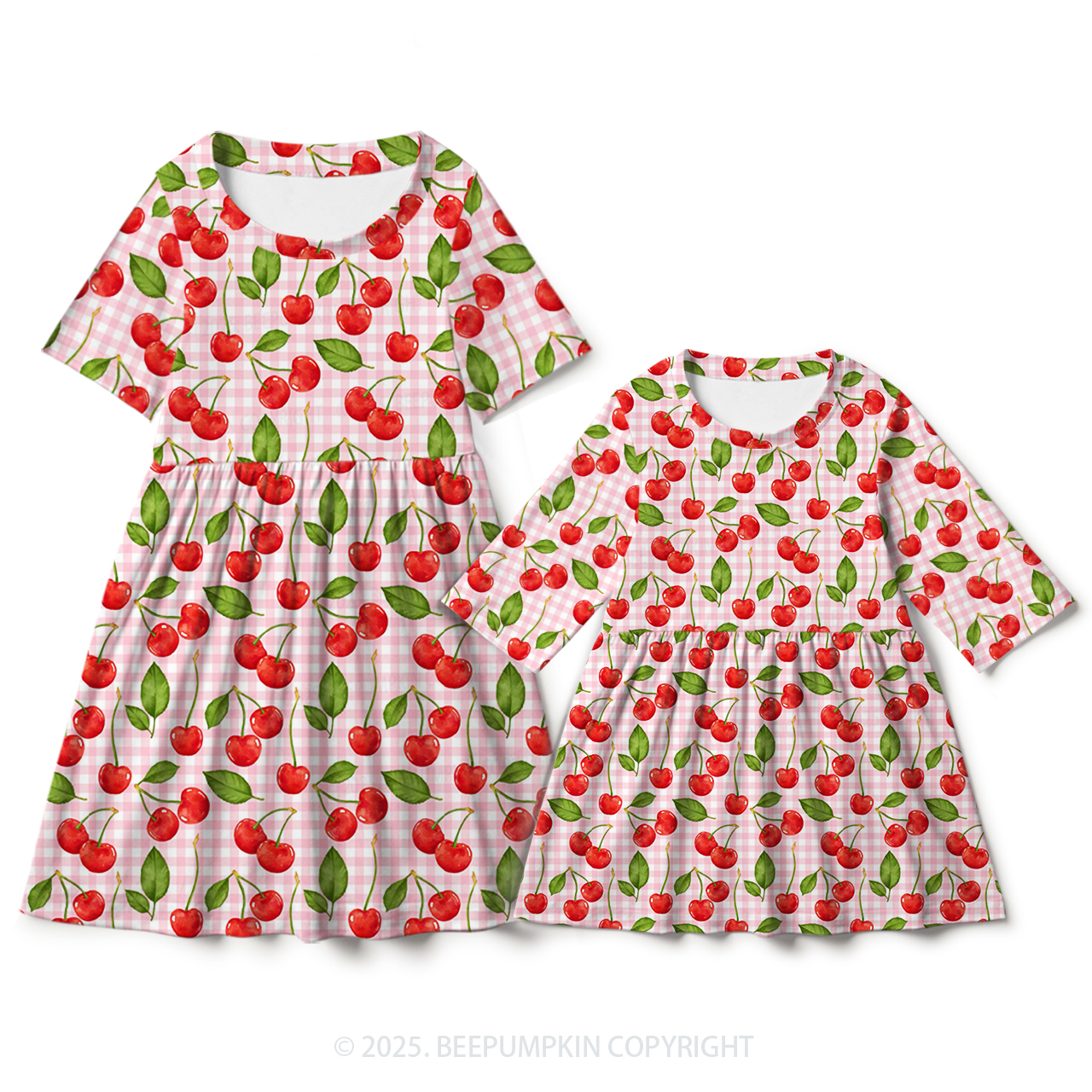 Pink Plaid Cherry Mom&Me Matching All Over Print Dress