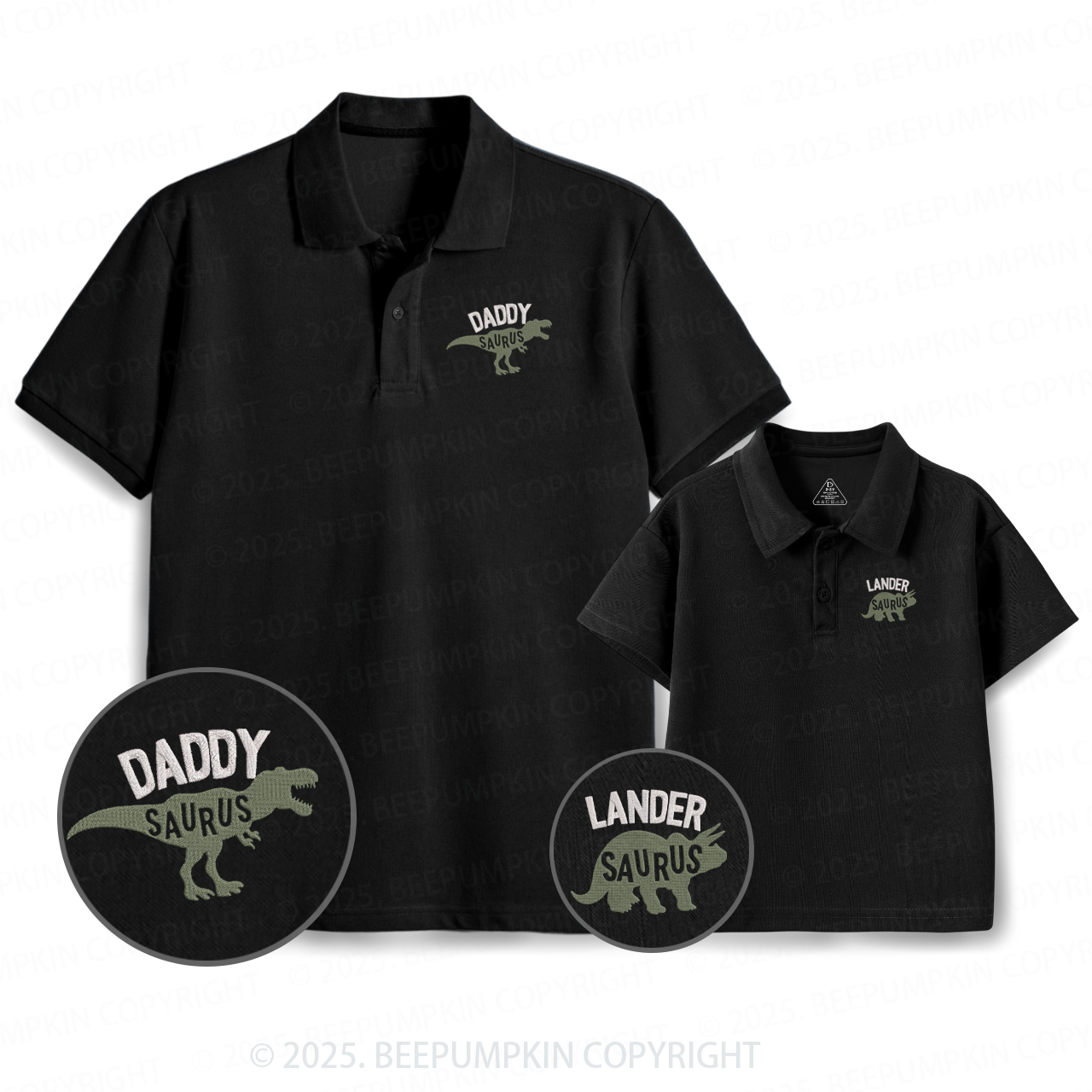 Embroidery Cute Dinosaur Dad&Me Matching Polo Shirt Beepumpkin
