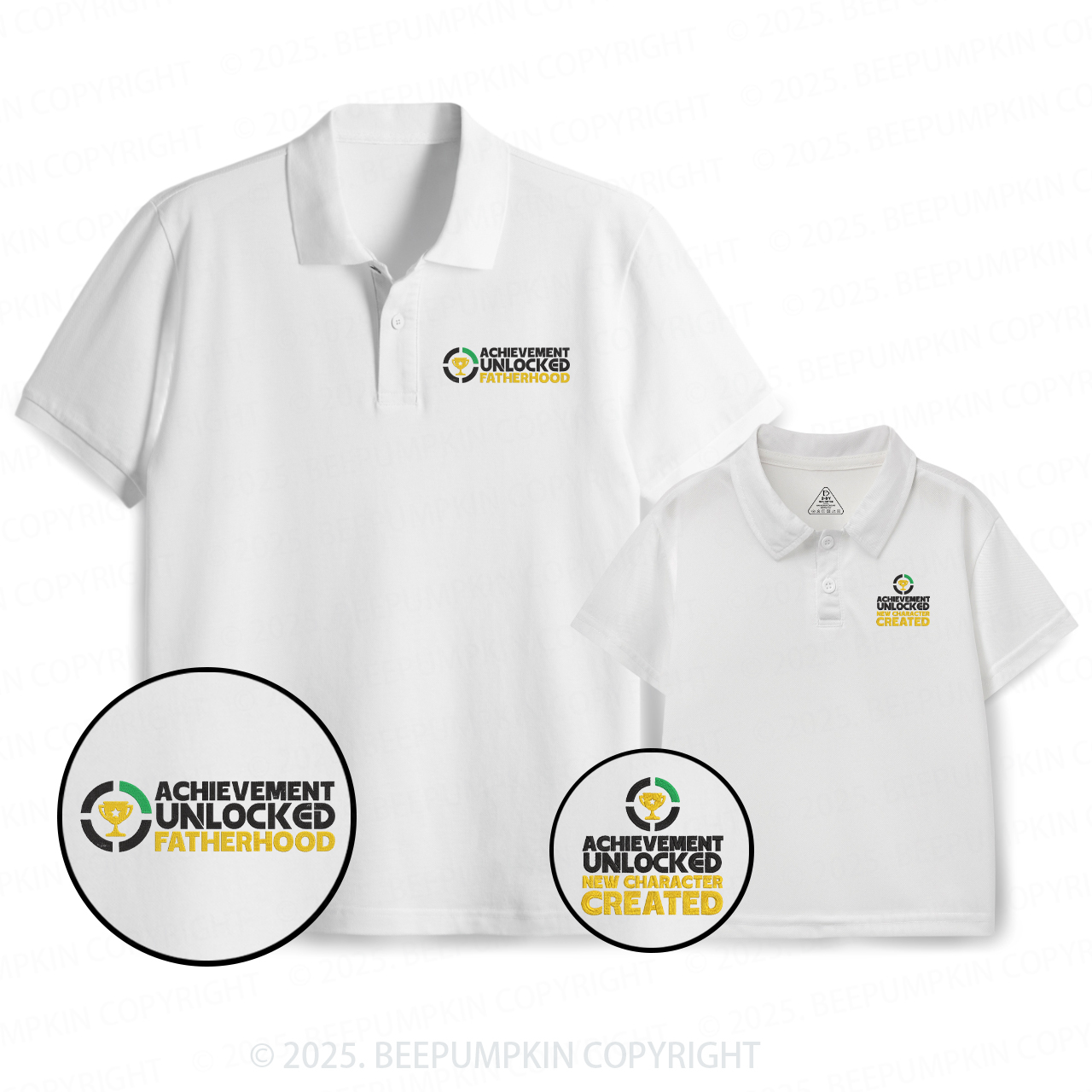 Embroidery Achievement Unlocked Fatherhood Dad&Me Matching Polo Shirt Beepumpkin