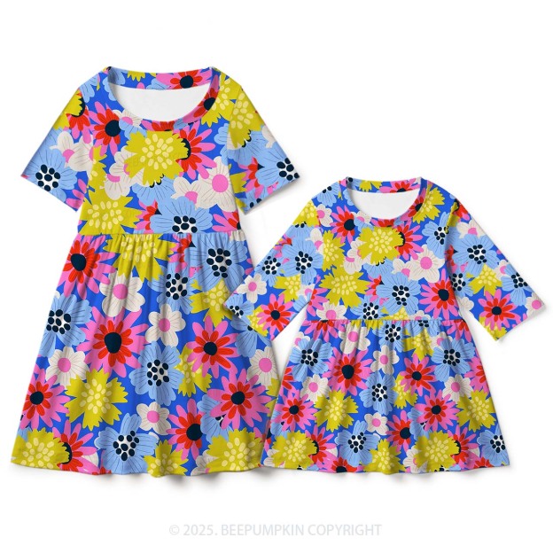 Colorful Summer Flowers Mom&Me Matching All Over Print Dress