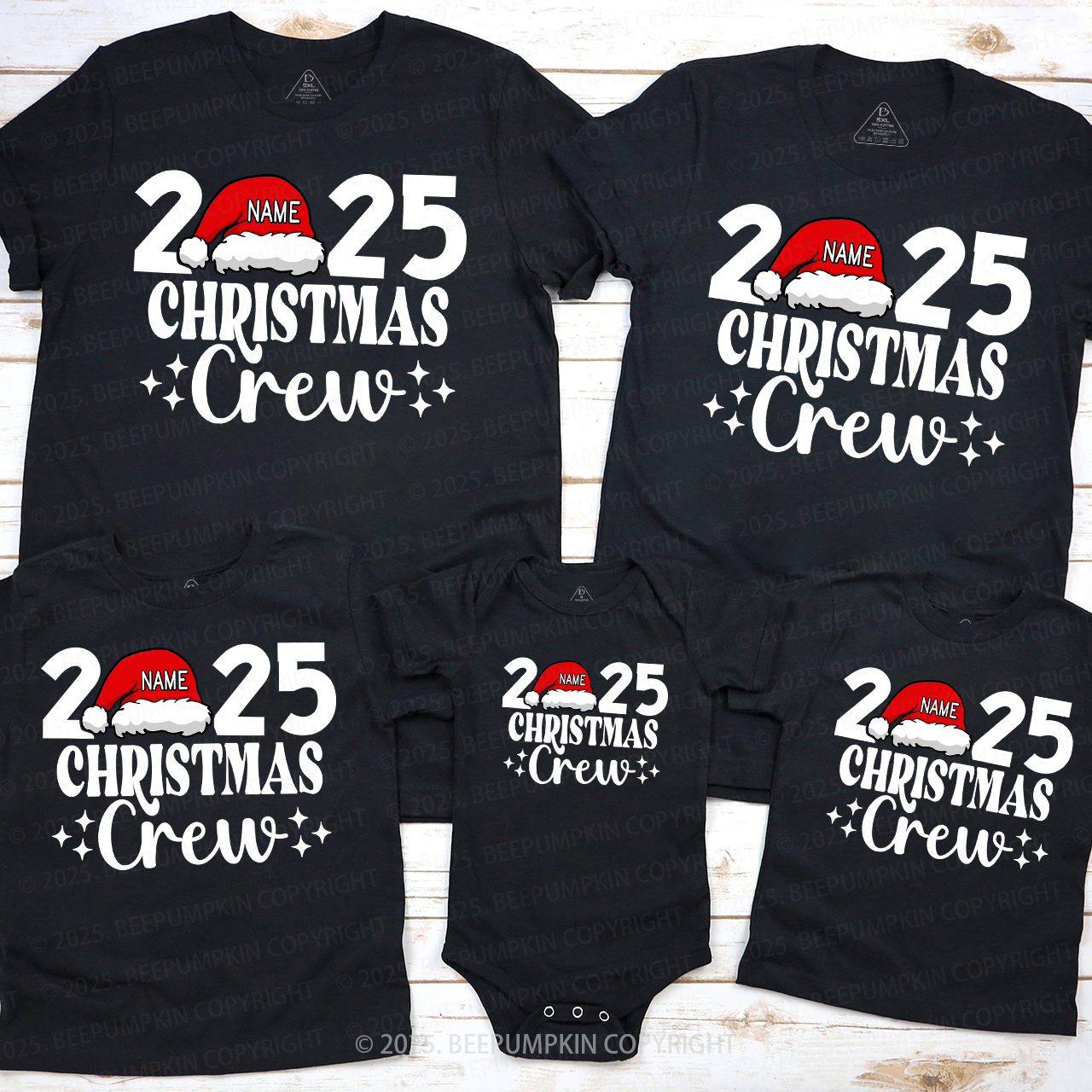 Personalized Christmas Crew 2025 Name On Santa Hat Shirts