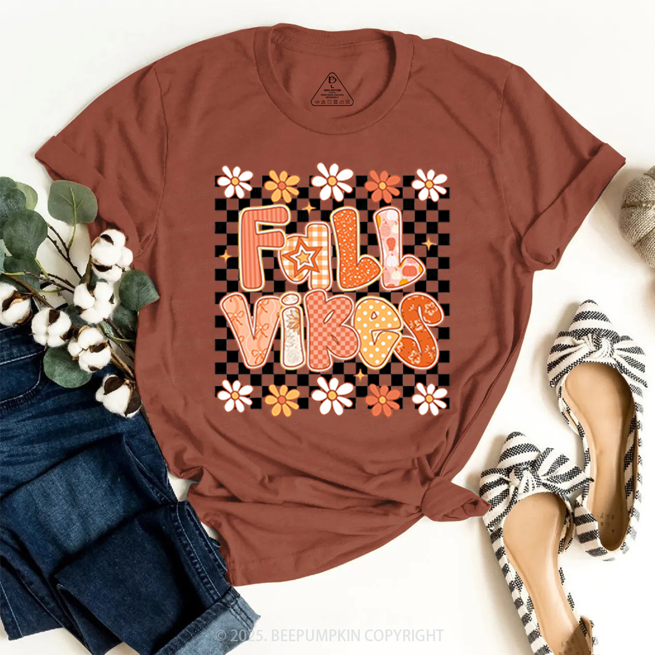 Floral Fall Checkered T-Shirts Beepumpkin