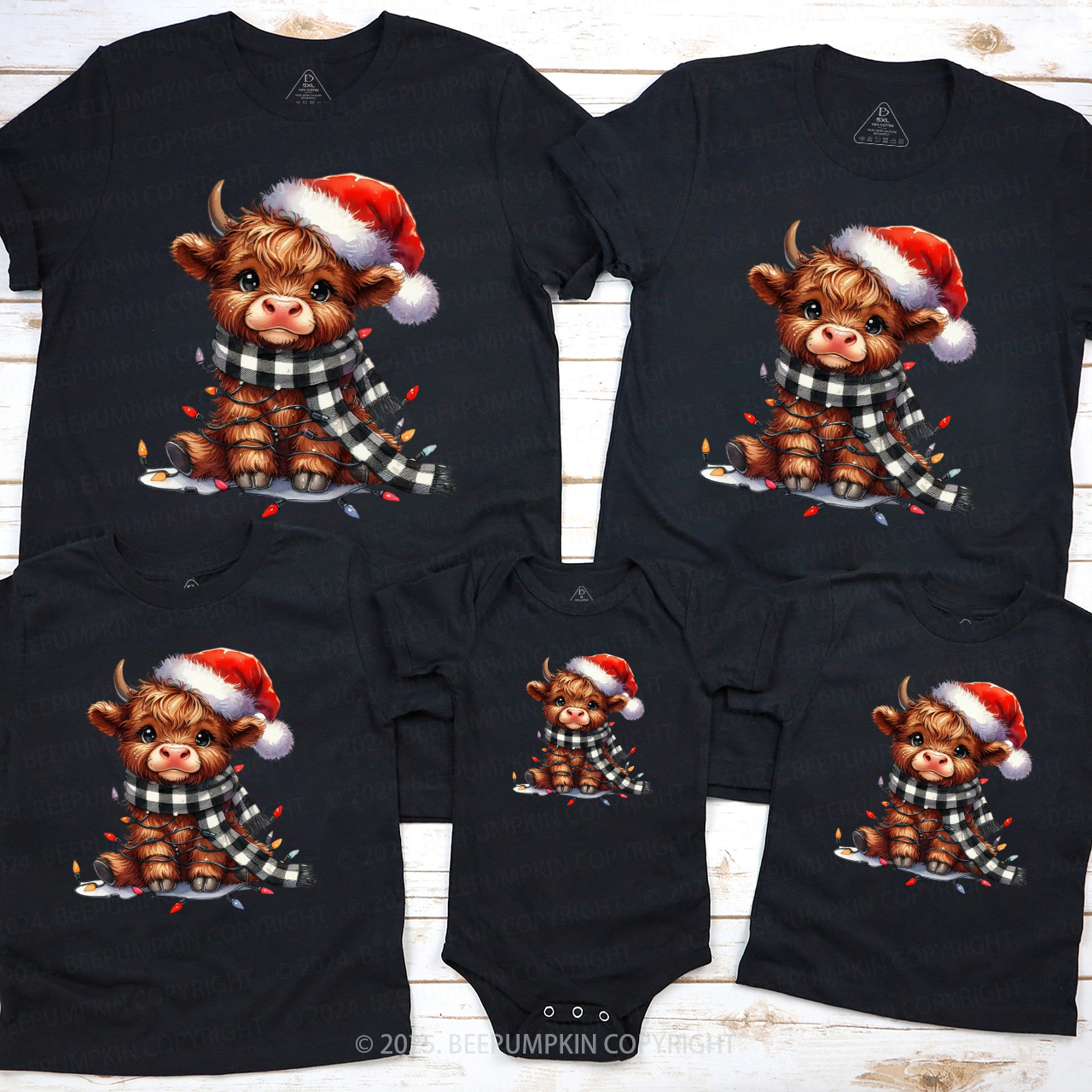 Christmas Lights Highland Cow Family Matching T-Shirts Beepumpkin