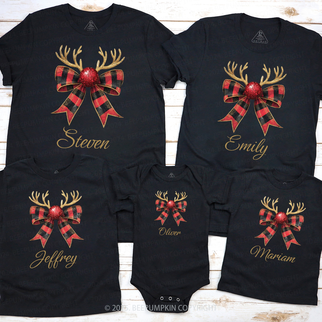 Personalized Reindeer Bow Family Matching T-Shirts Beepumpkin