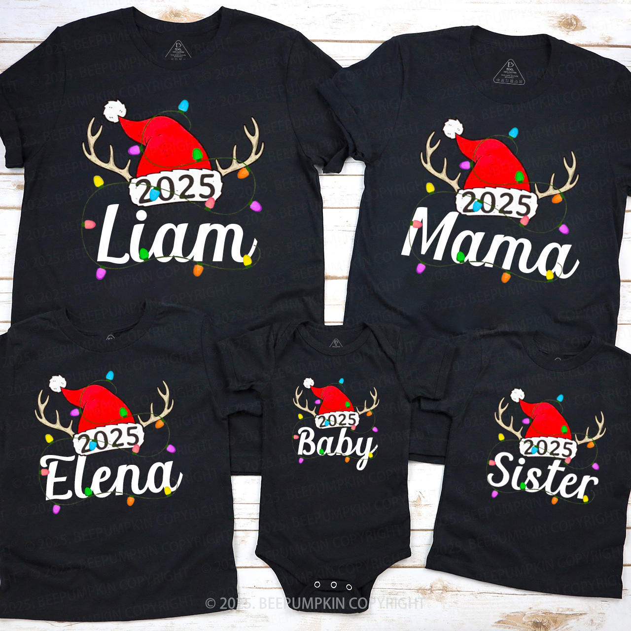 Personalized Jolly Antlers & Lights 2025 Family Matching T-Shirts Beepumpkin