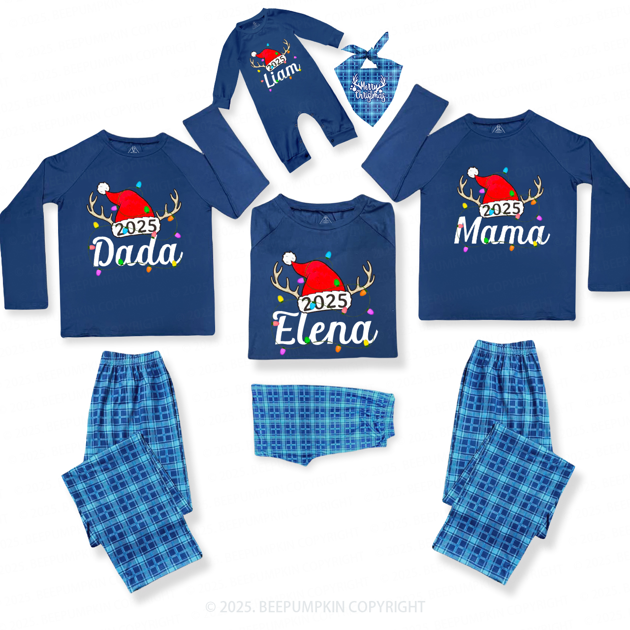 Personalized Jolly Antlers & Lights 2025 Matching Blue Pajamas Beepumpkin