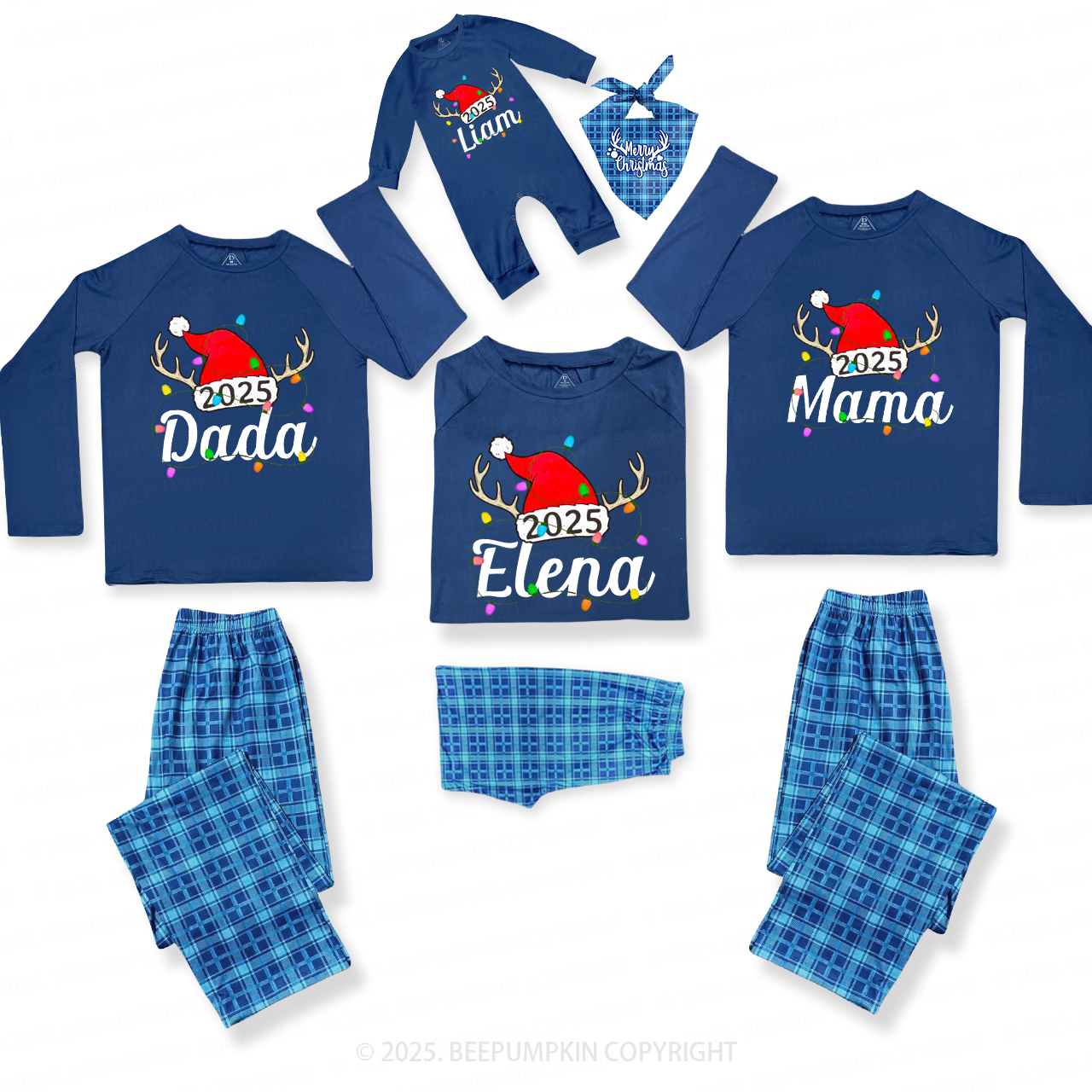 Personalized Jolly Antlers & Lights 2025 Matching Blue Pajamas Beepumpkin