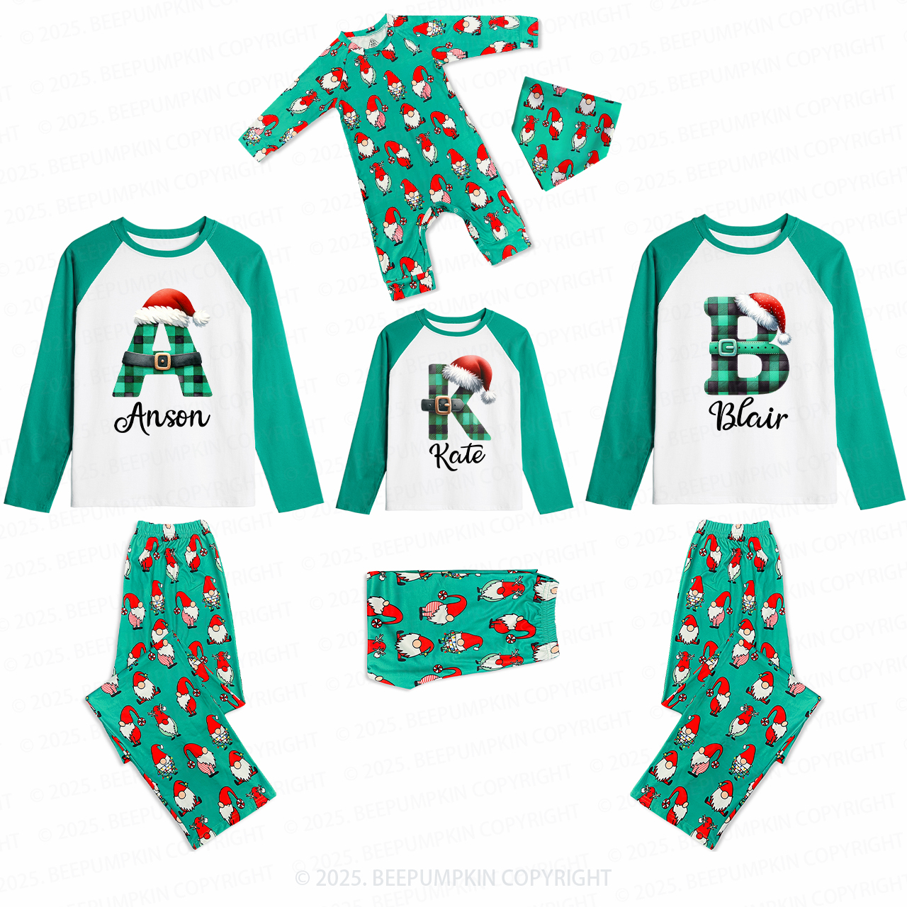 Personalized Green Plaid Letter Family Matching Christmas Gnomes Pajamas Beepumpkin