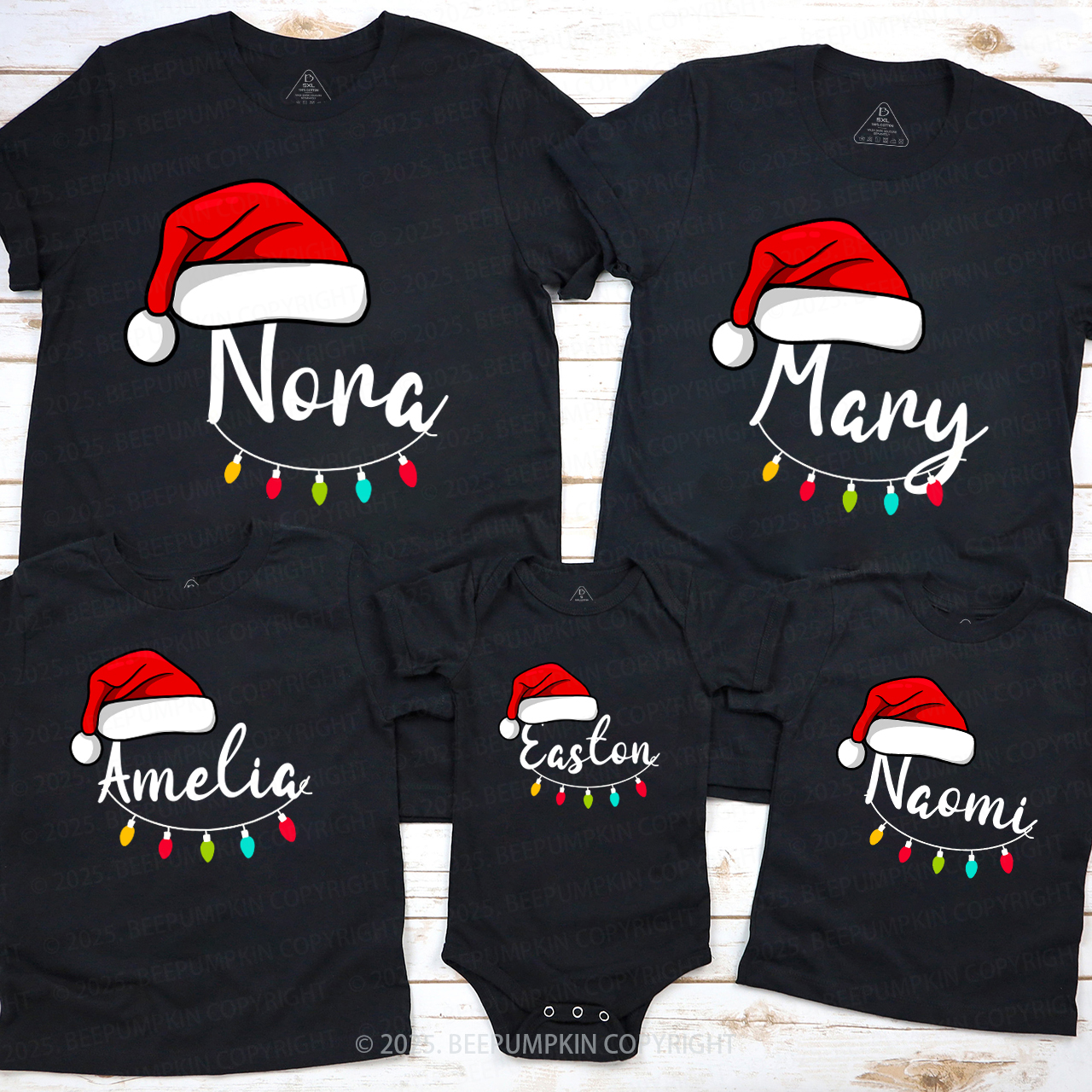 Personalized Santa Hat & Holiday Lights Family Matching T-Shirts Beepumpkin