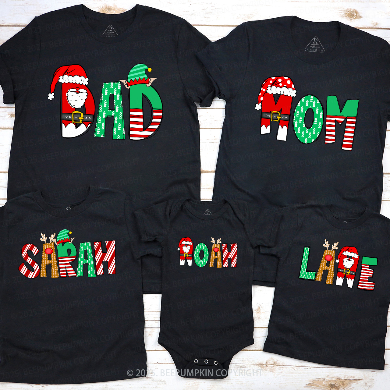 Personalized Cartoon Font Santa Family Matching T-Shirts Beepumpkin