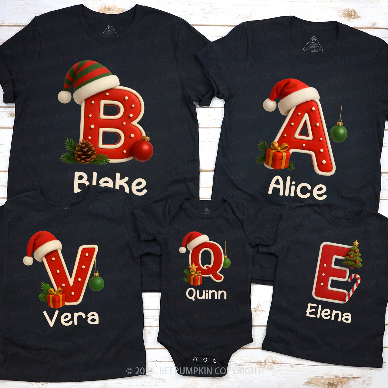 Personalized Santa Hat & Gift Alphabet Christmas Family Matching T-Shirts Beepumpkin