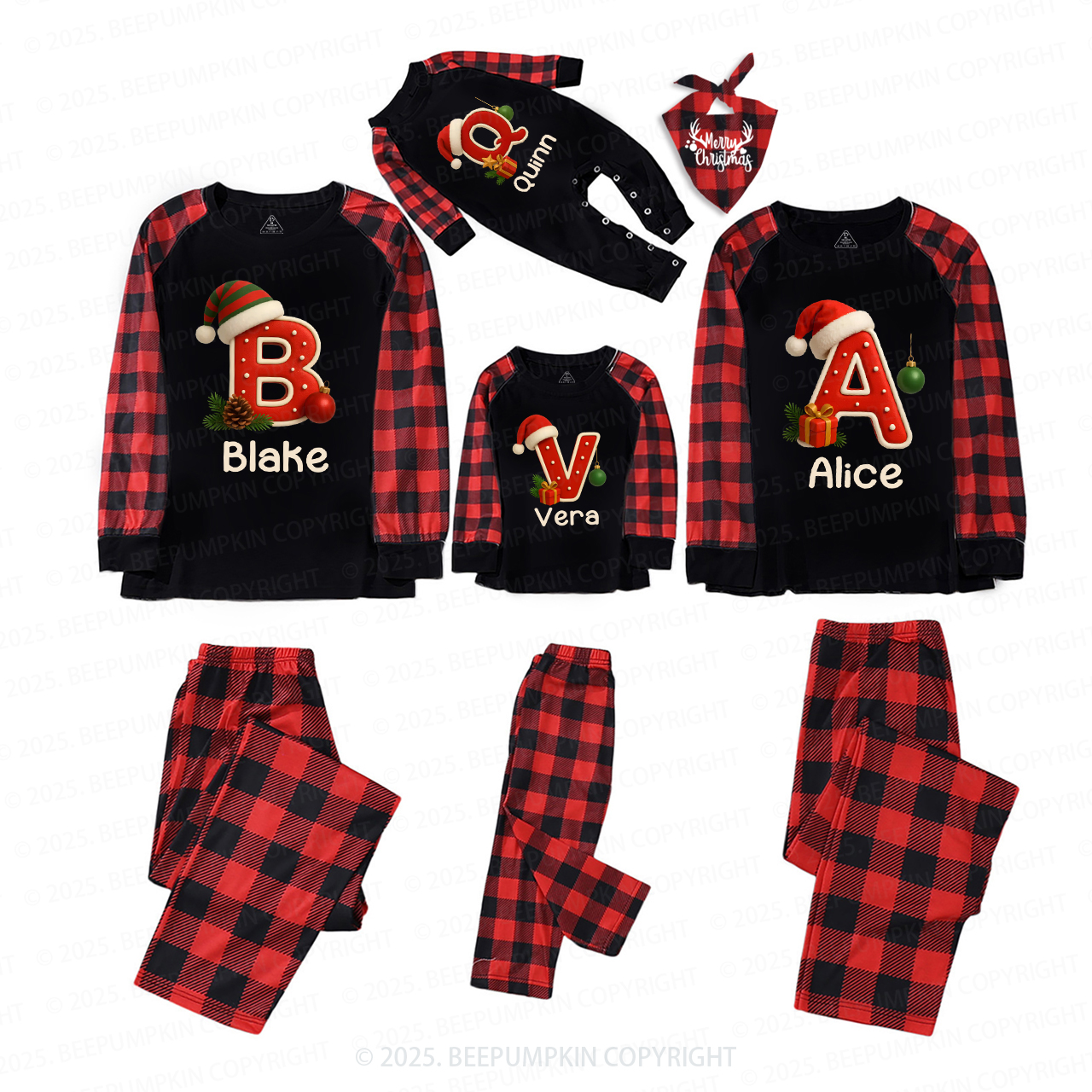 Personalized Santa Hat & Gift Alphabet Christmas Family Matching Pajamas