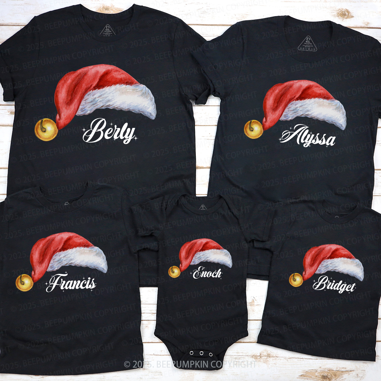 Personalized Watercolor Santa Hat Christmas Family Matching T-Shirts Beepumpkin