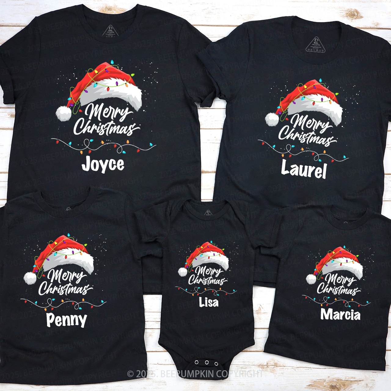 Personalized Merry Lights & Cheer Christmas Family Matching T-Shirts Beepumpkin