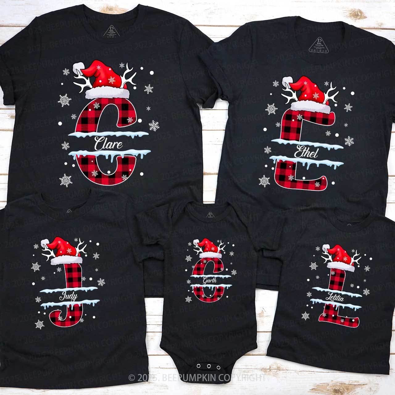 Personalized Christmas Red Plaid Snowflakes Name Family Matching T-Shirts Beepumpkin