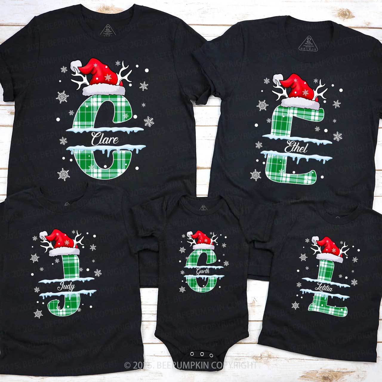 Personalized Christmas Green Plaid Snowflakes Name Family Matching T-Shirts Beepumpkin