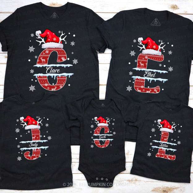 Personalized Christmas Red Elk Snowflakes Name Family Matching T-Shirts Beepumpkin