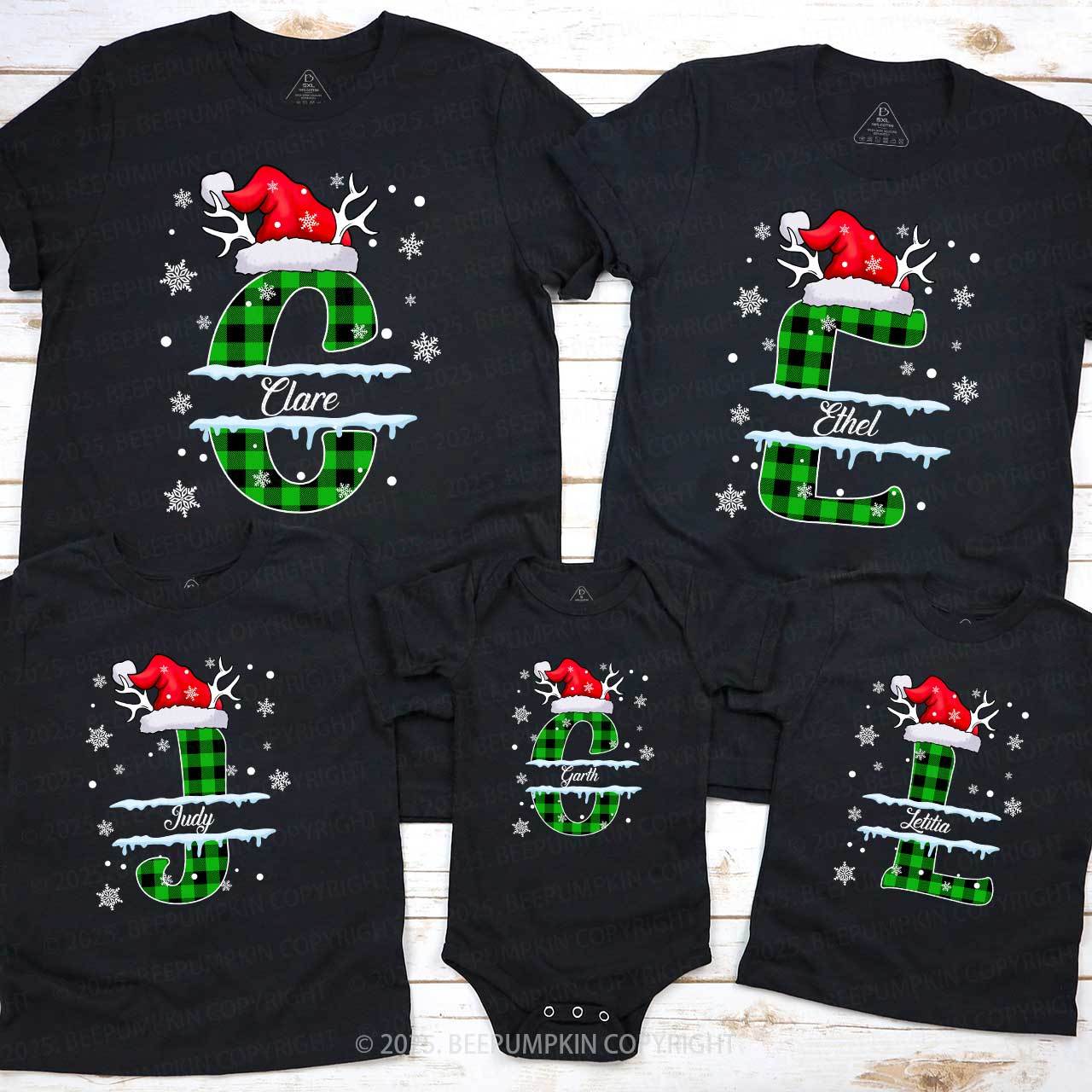 Personalized Christmas Green Plaid Snowflakes Name Family Matching T-Shirts Beepumpkin