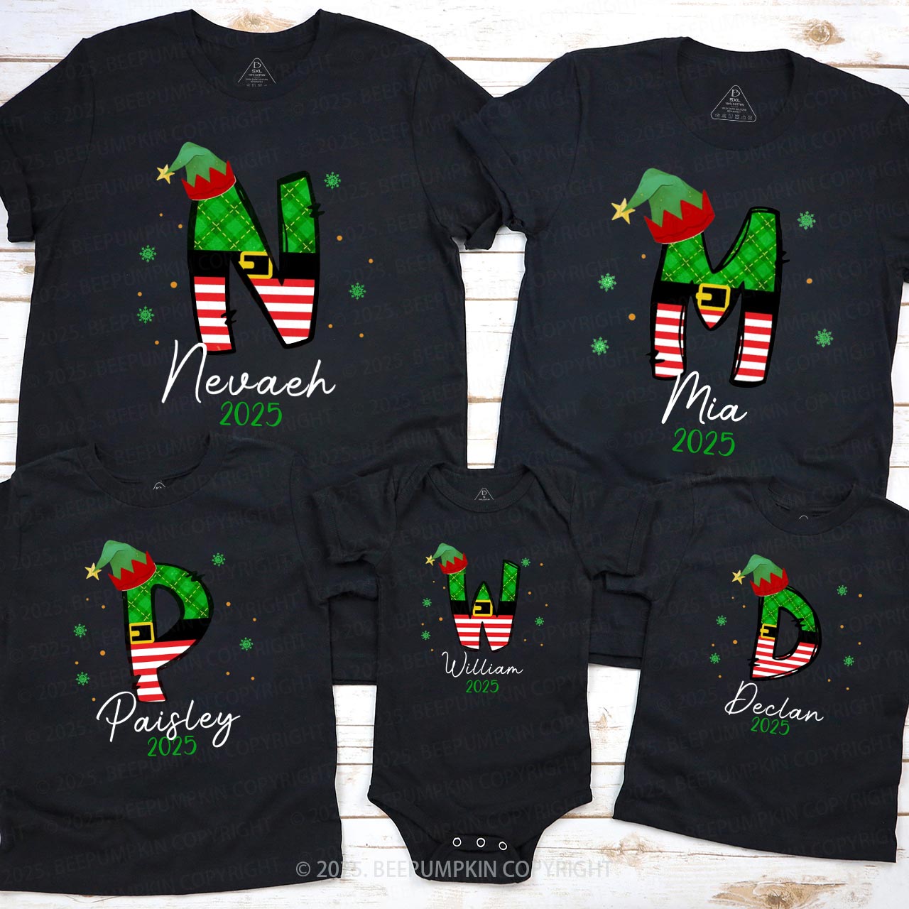 Personalized Elf Letter Christmas Family Matching T-Shirts Beepumpkin