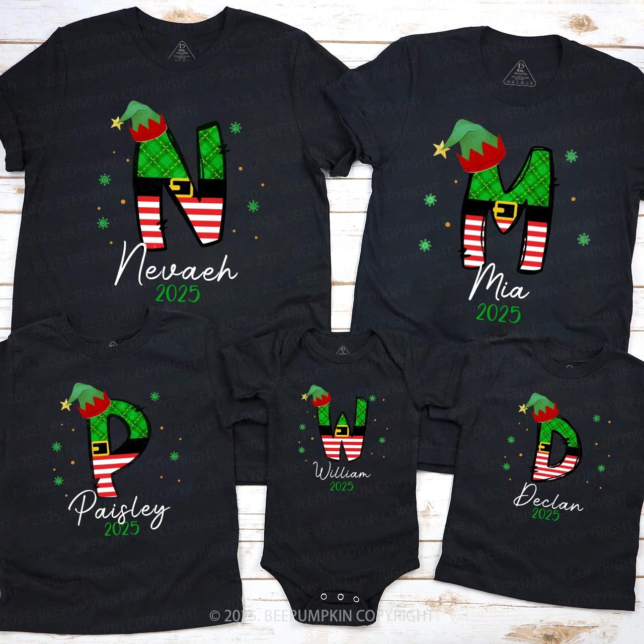 Personalized Elf Letter Christmas Family Matching T-Shirts Beepumpkin