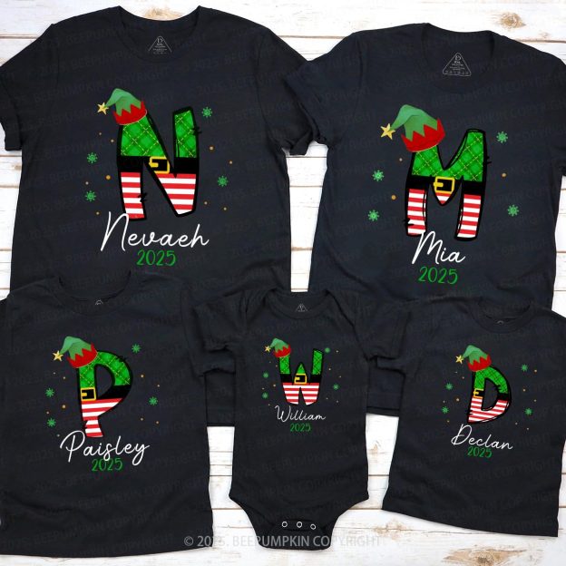 Personalized Elf Letter Christmas Family Matching T-Shirts Beepumpkin