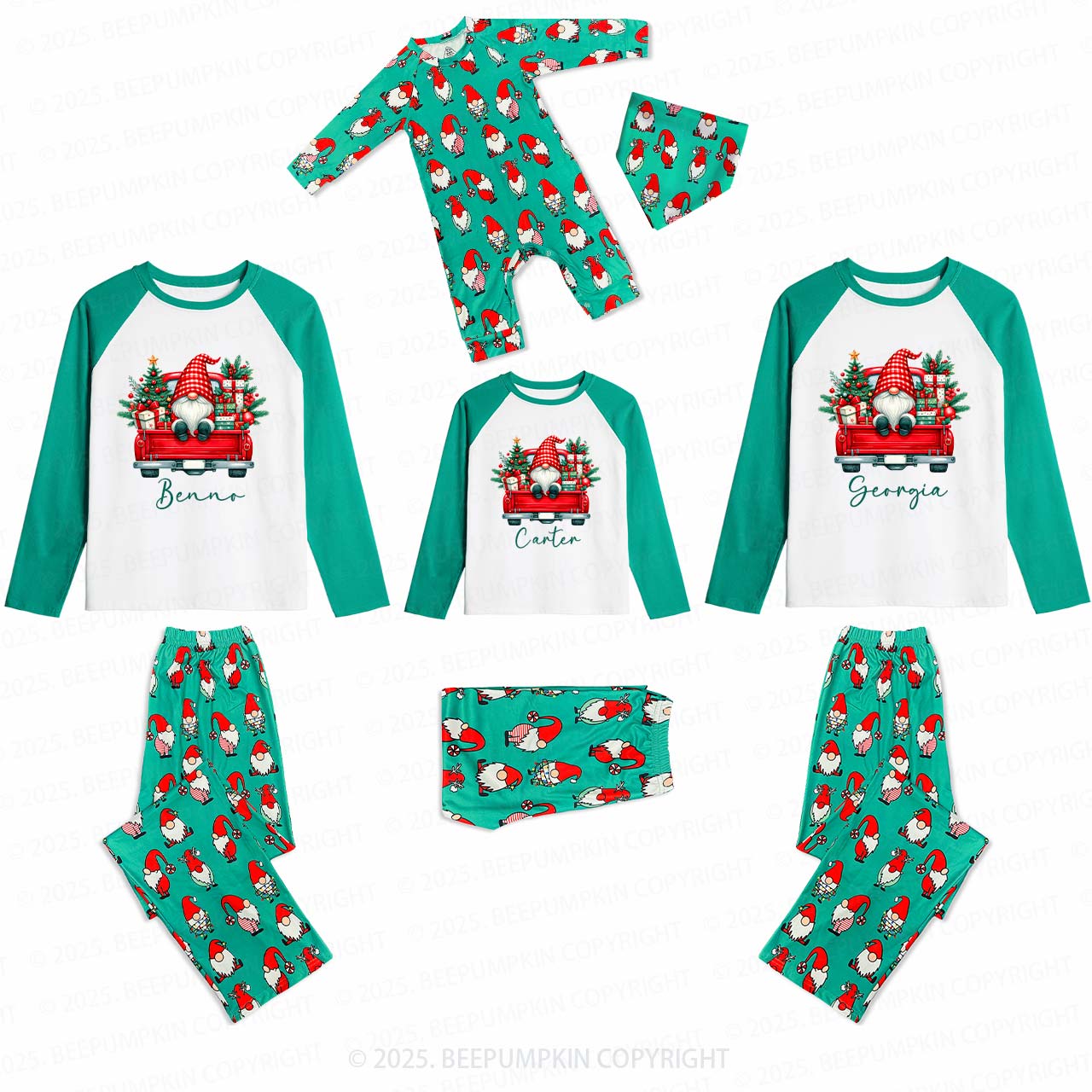 Personalized Red Truck Christmas Cheer Family Matching Gnomes Pajamas Beepumpkin