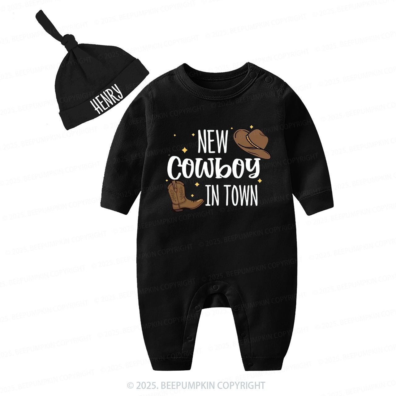 2 Pieces Personalized New Cowboy In Town Baby Romper With Hat