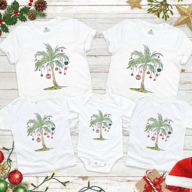 Palm Tree Holiday Tropical Christmas Family Matching T-Shirts