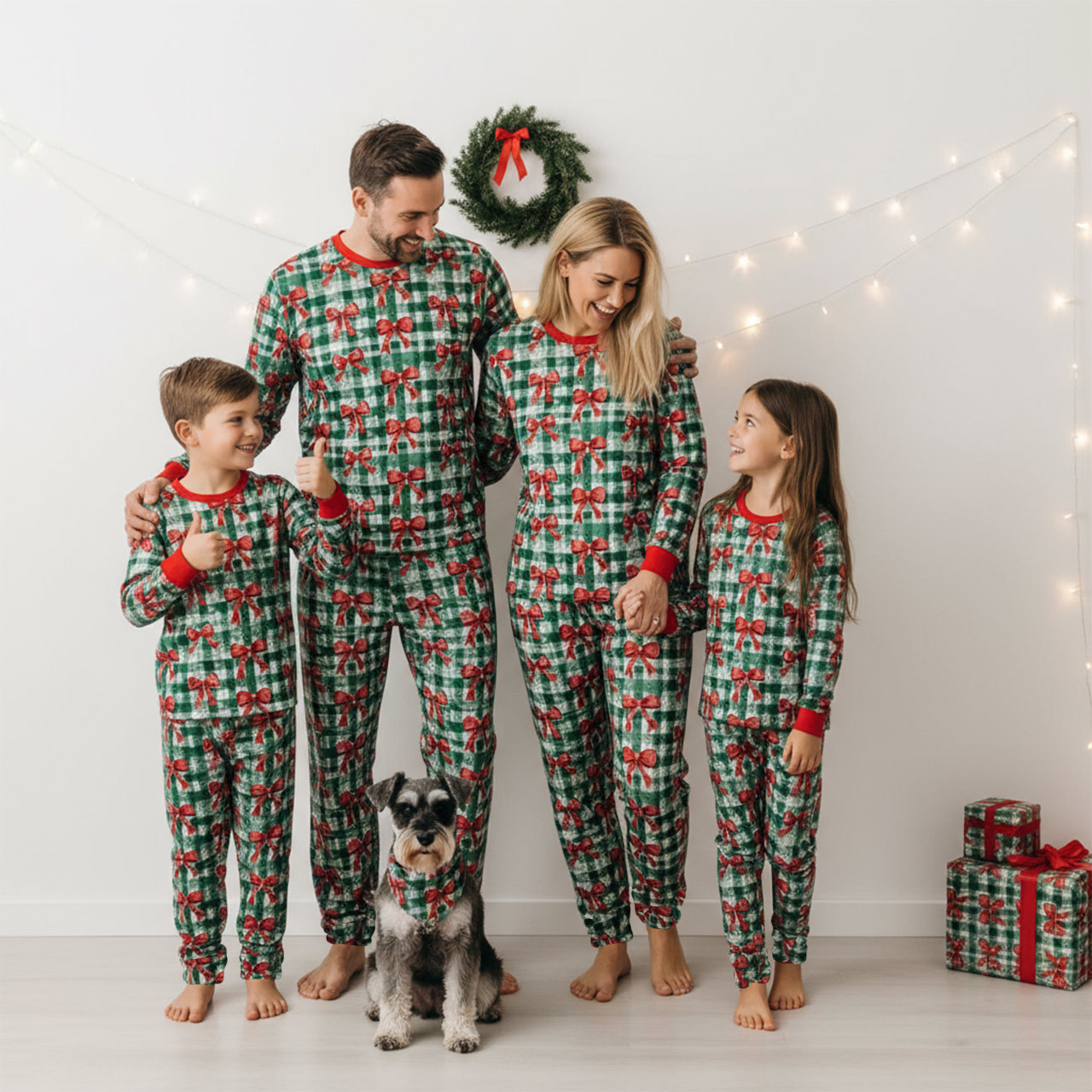 Christmas Green Watercolor Bows All-Over Print Family Matching Pajama Sets