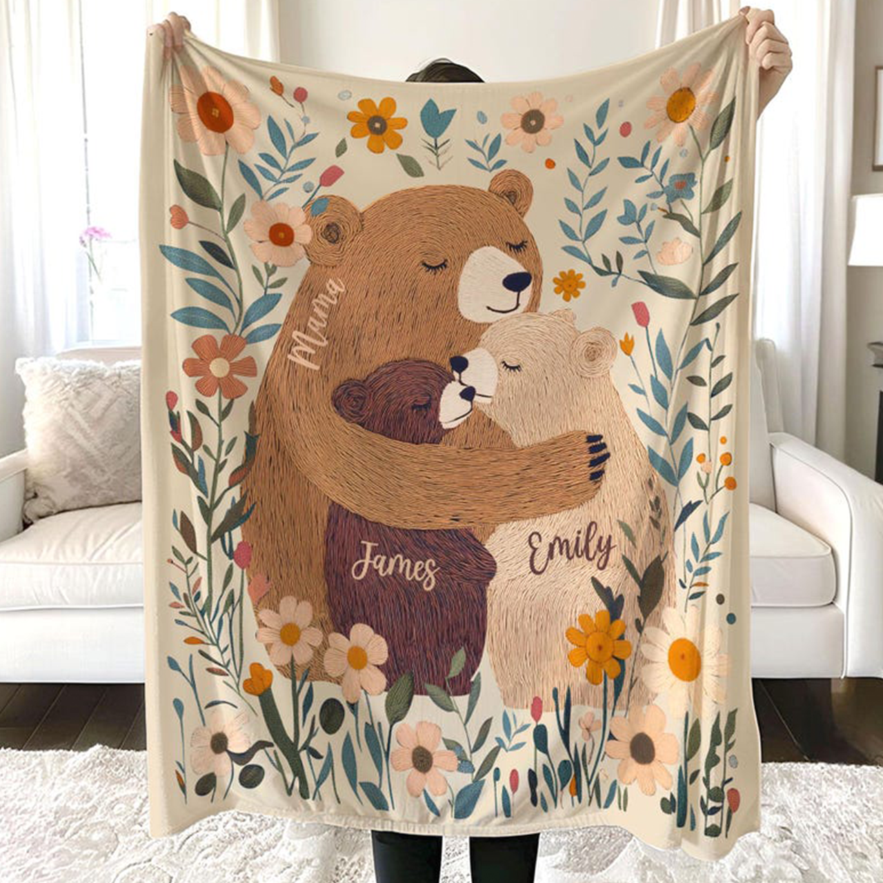 Personalized Mama Bear Flower Blanket
