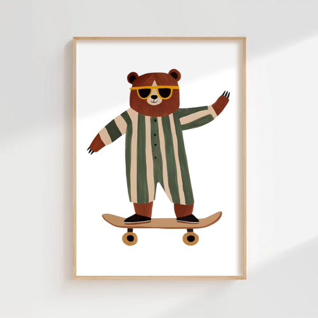 Retro Skateboarding Bear Digital Nursery Wall Art