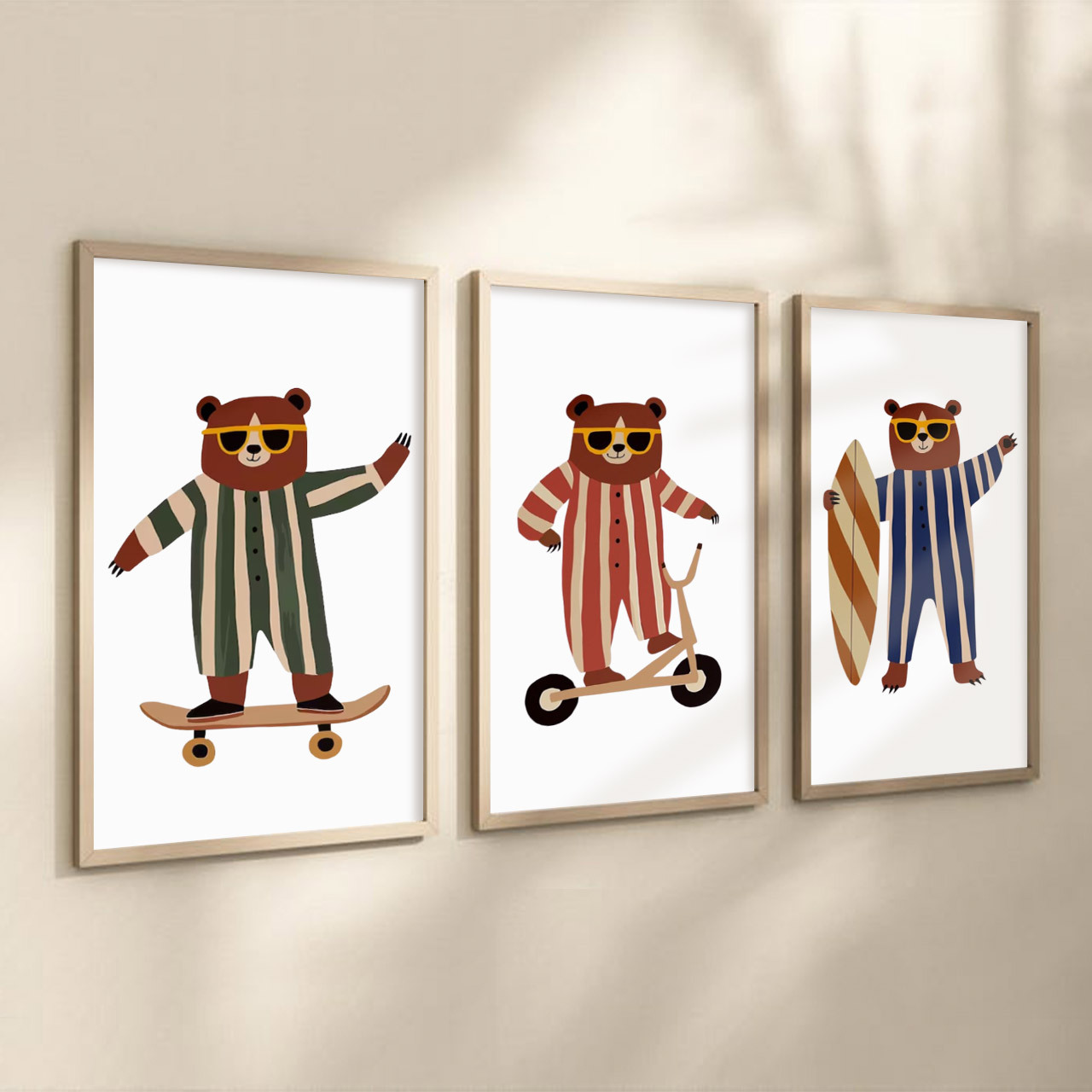 Retro Skater Scooter Surfer Bear Set Digital Nursery Wall Art