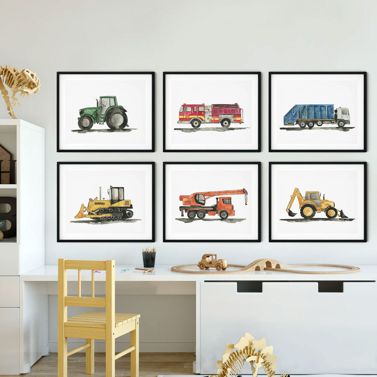 Set Of 6 Construction Vehicle Digital Nursery Wall Art