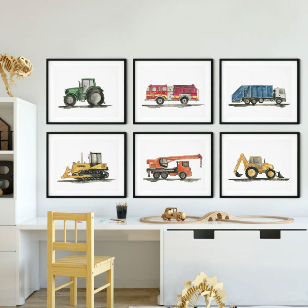 Set Of 6 Construction Vehicle Digital Nursery Wall Art