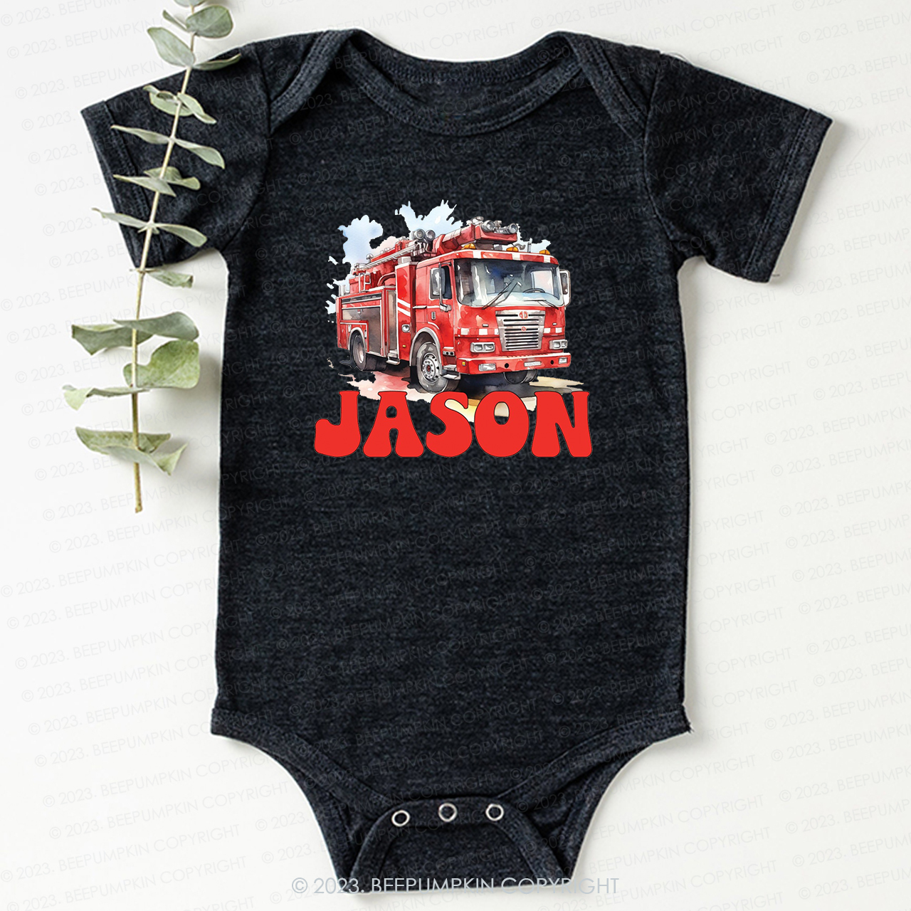 Personalized Name Firetruck Bodysuit For Baby