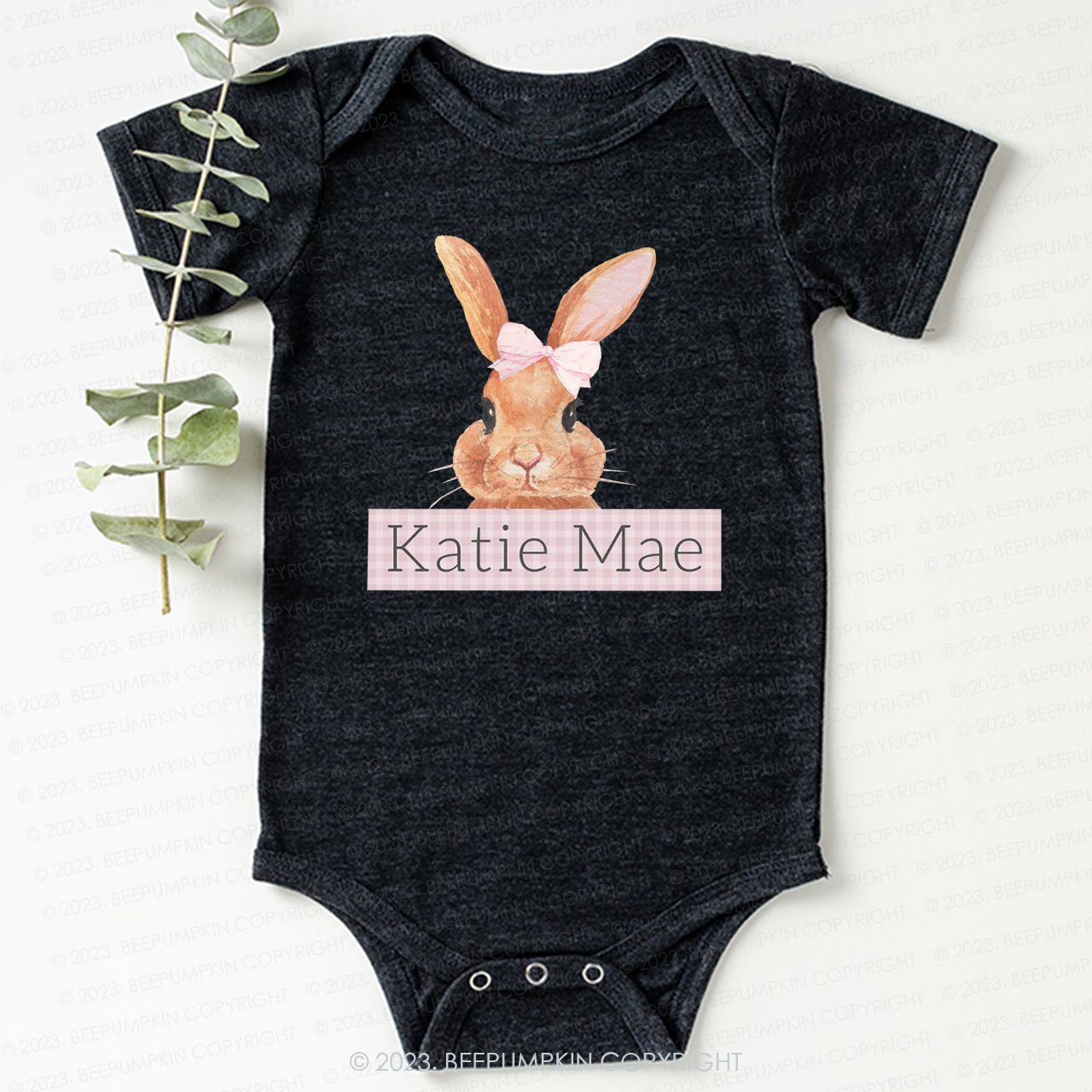 Pink Bunny Gingham Name Bodysuit For Baby