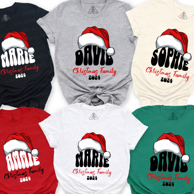 Personalized Red Hat And Name Christmas Matching T-Shirts