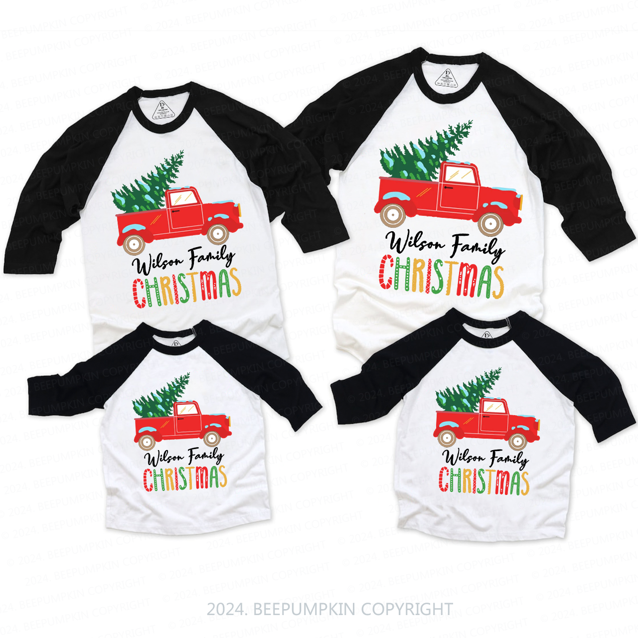 Personalized  Red Truck And Christmas Tree Family Matching Raglan Sleeves T-Shirts Beepumpkin 