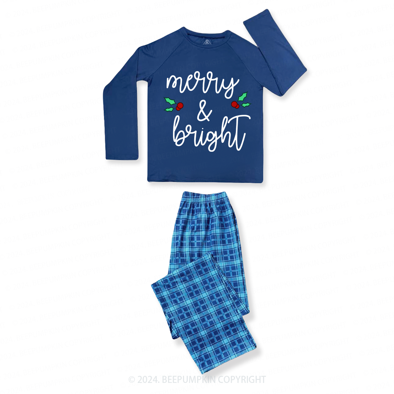 Merry&Bright Christmas Family Matching Blue Pajamas Beepumpkin