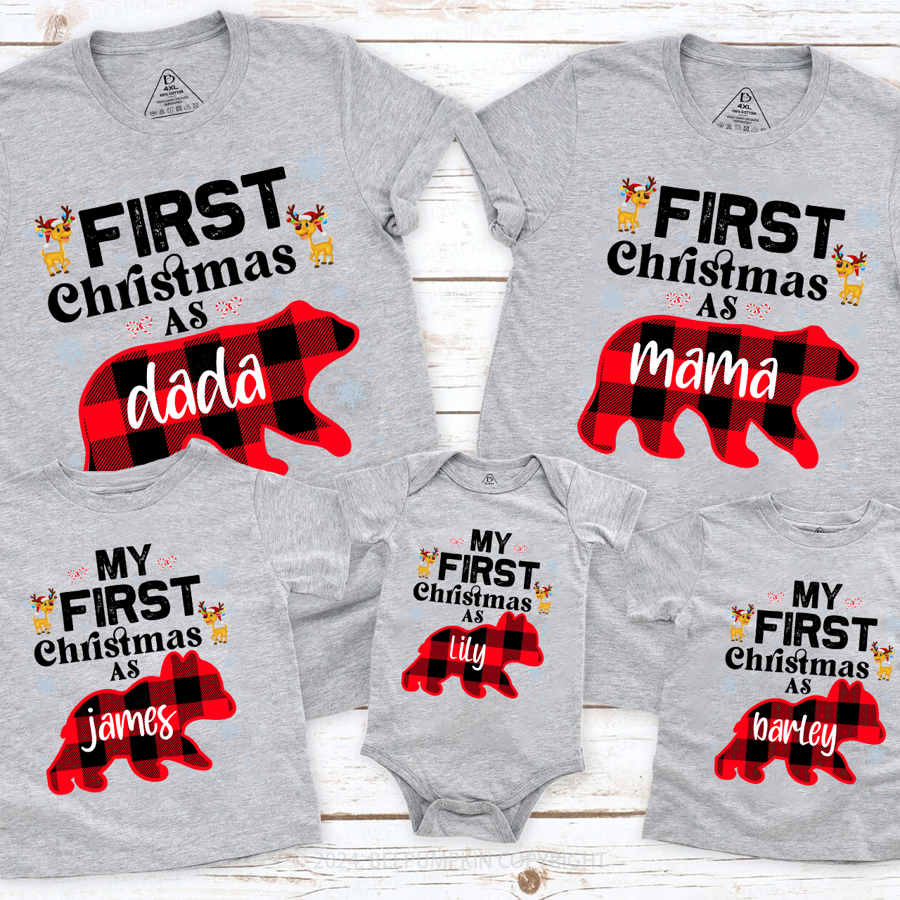 Personalized First Christmas Bear Buffalo Plaid Family Matching T-Shirts Beepumpkin