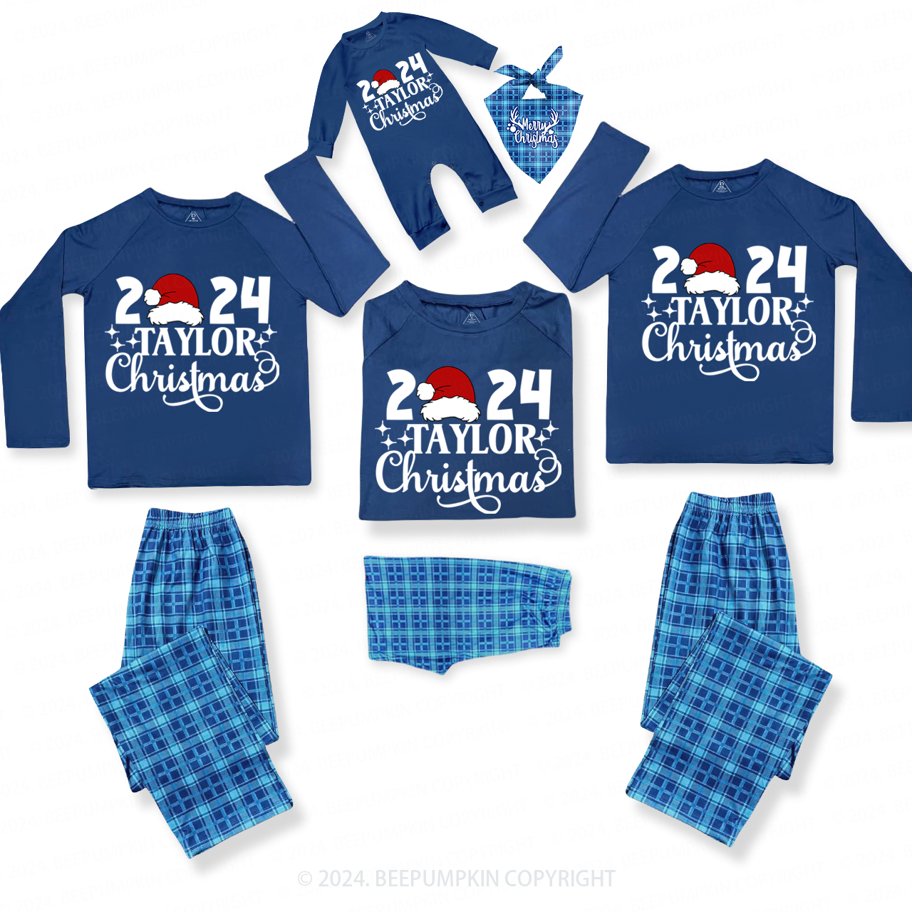 Personalized 2024 Star Christmas Family Matching Blue Pajamas Beepumpkin