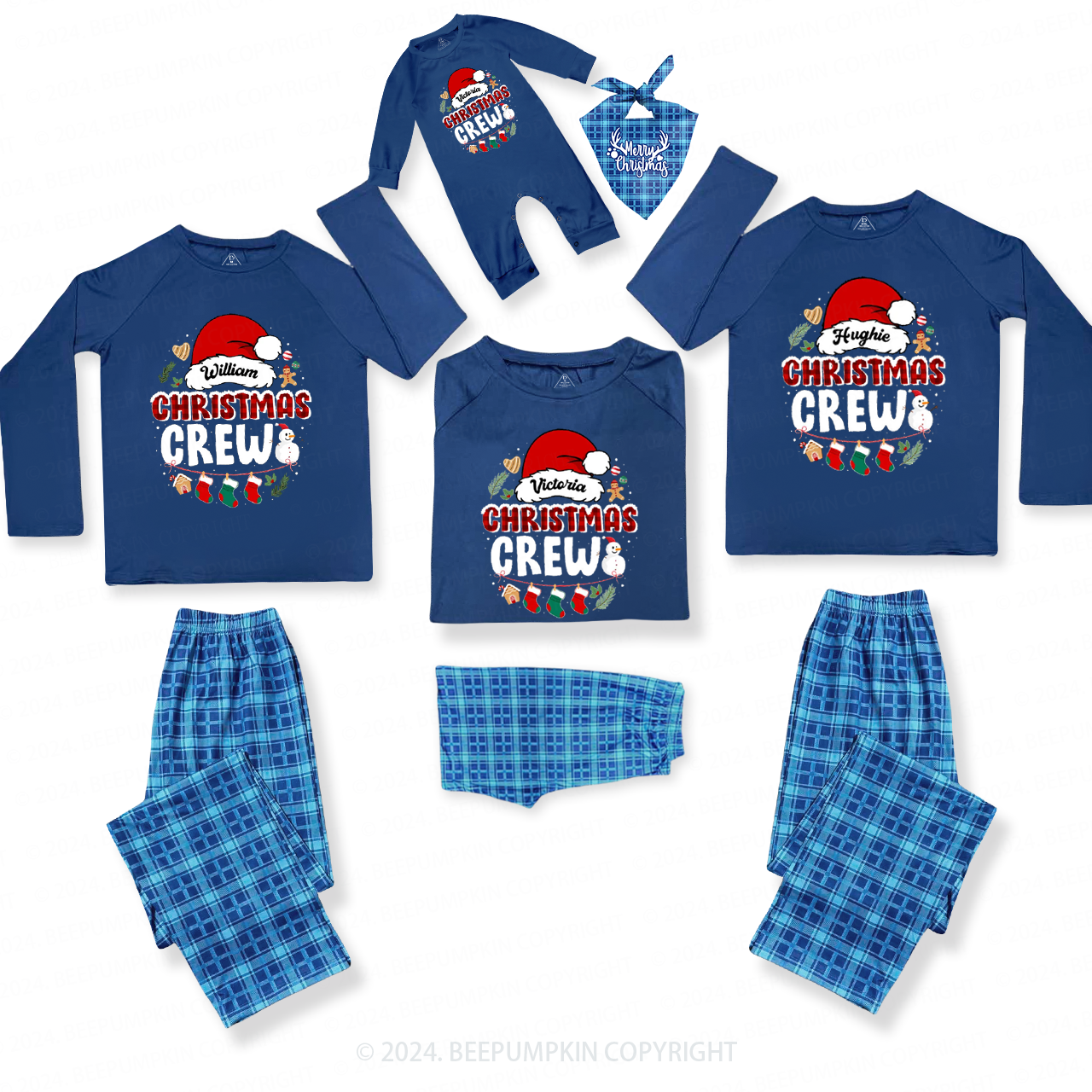 Personalized Christmas Crew Family Matching Blue Pajamas Beepumpkin