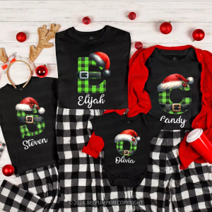 Image of Personalized Green Plaid Letter Christmas Family Matching T-Shirts Beepumpkin