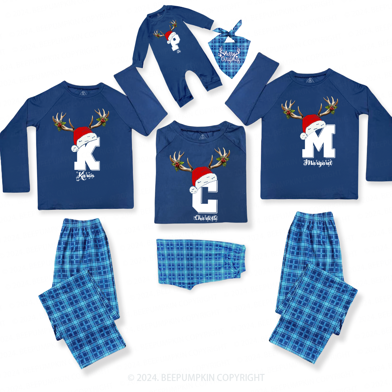 Personalized Deer Antler Name Monogram Family Matching Blue Pajamas Beepumpkin