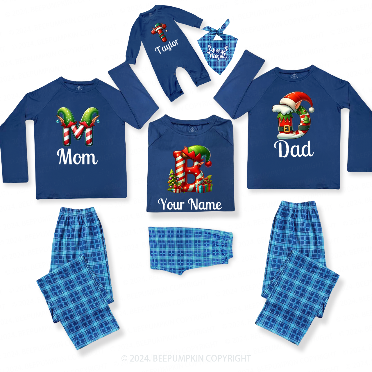 Personalized Elf Monogrammed Family Matching Blue Pajamas Beepumpkin