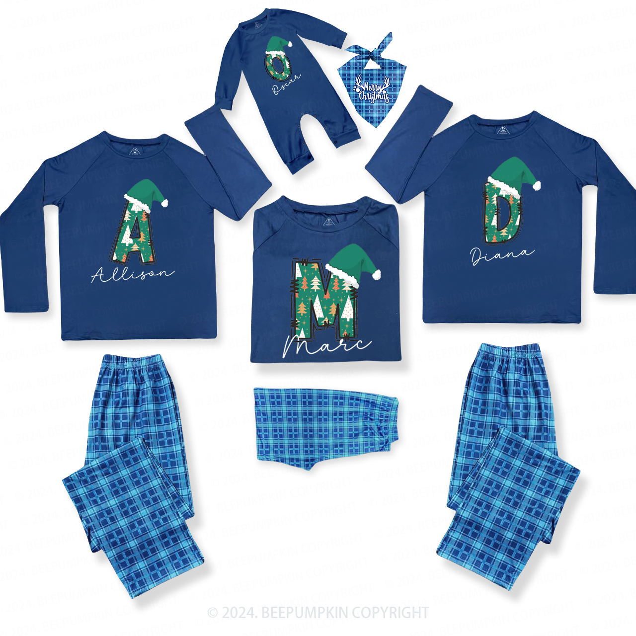 Personalised Christmas Tree Letters Family Matching Blue Pajamas Beepumpkin