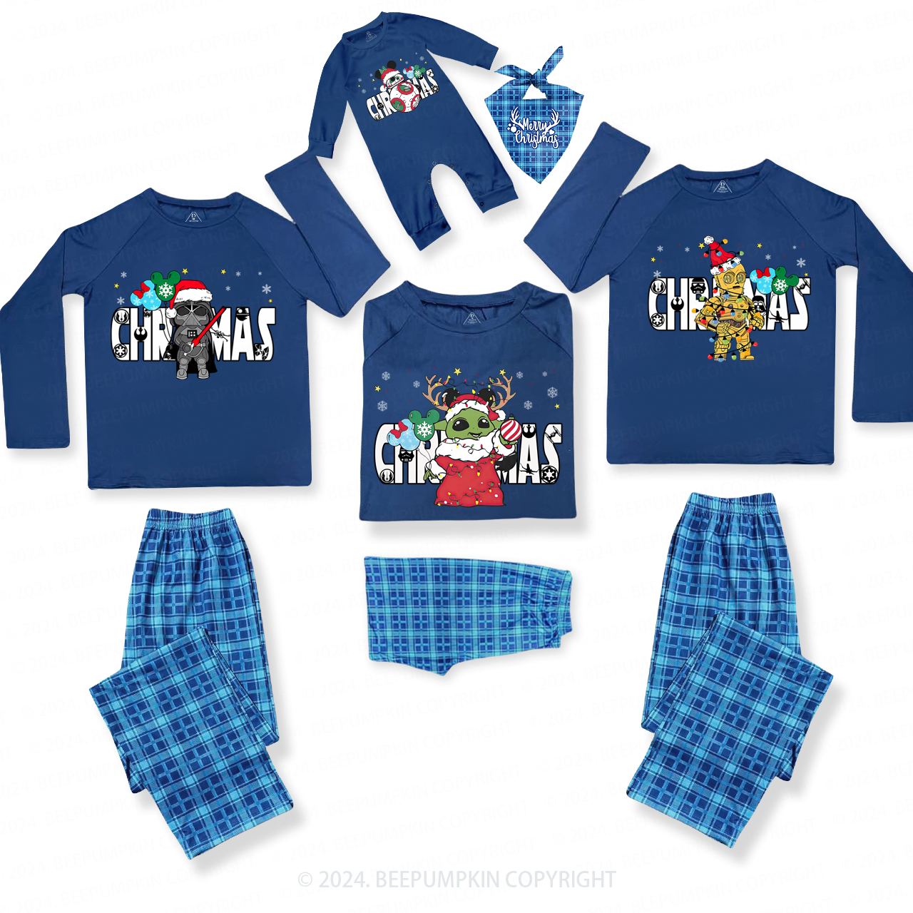 Personalized Fighting Character Snowflake Christmas Family Matching Blue Pajamas Beepumpkin