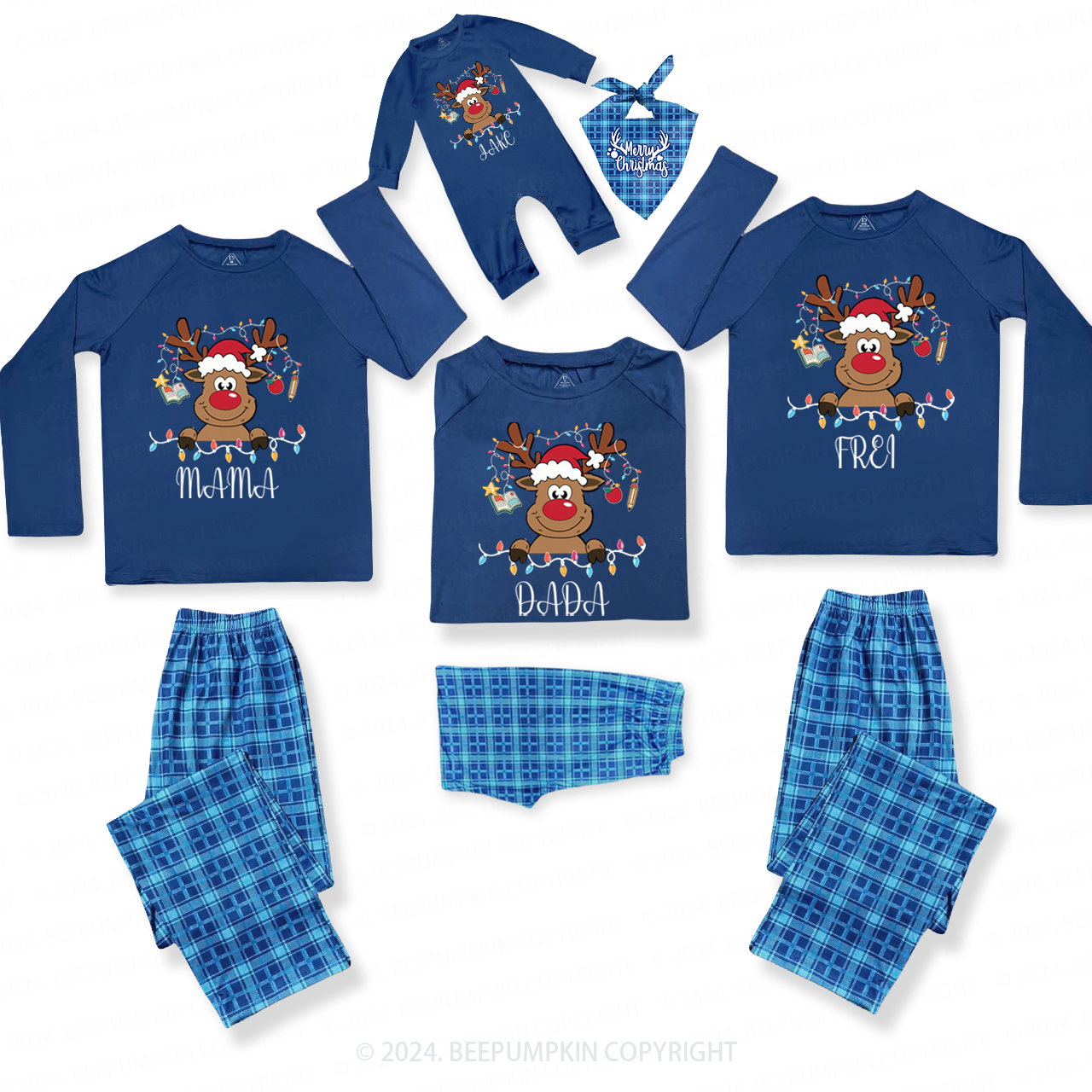 Personalized Reindeer Teacher Name Matching Blue Pajamas Beepumpkin