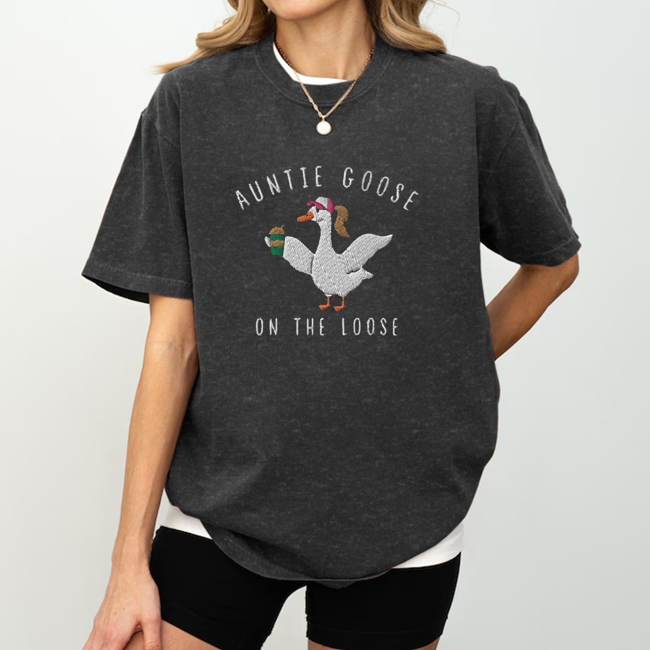 Auntie Goose On The Loose Embroidered Aunt Washed Tees
