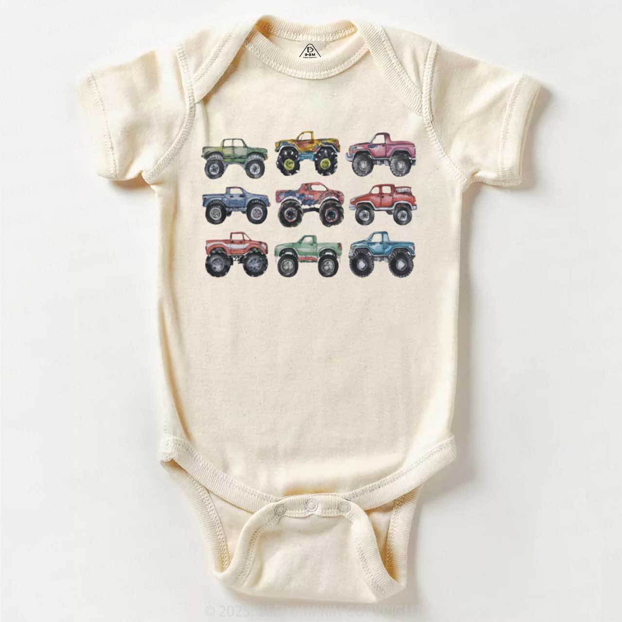Retro Monster Trucks In A Row Bodysuit Beepumpkin